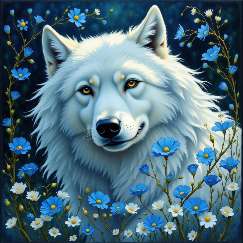 Majestic White Wolf Adorned with Blue Flowers