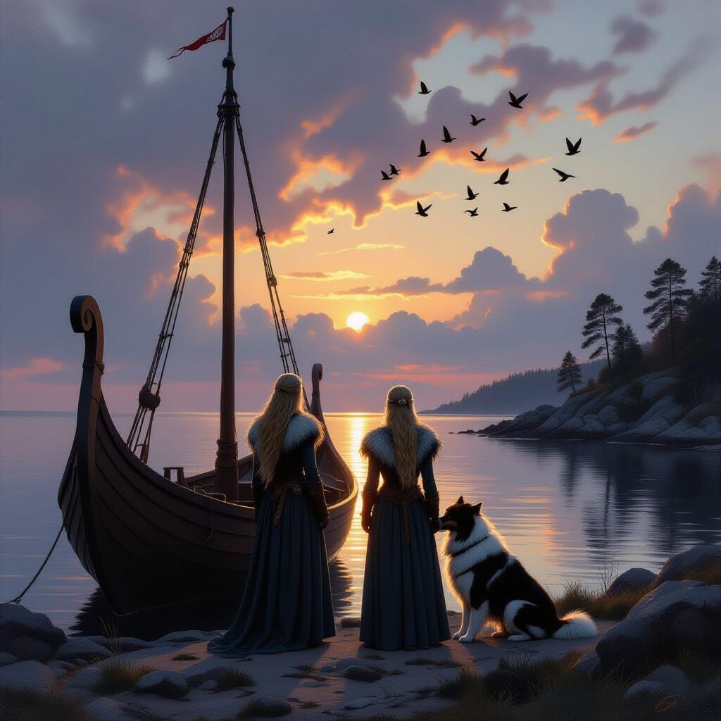 Viking Longship at Twilight in Scandinavian Bay