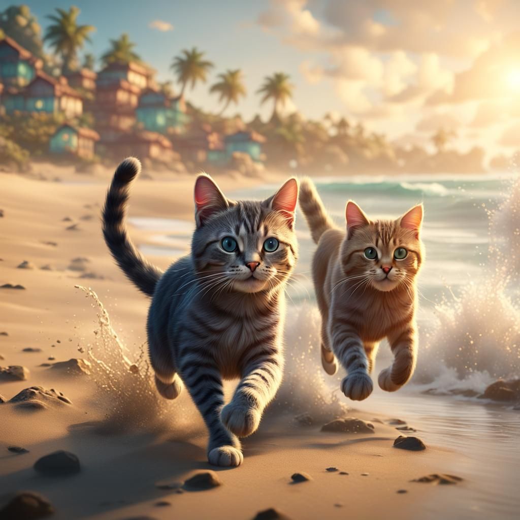 Cat Running on Beach: Fantasy Matte Painting