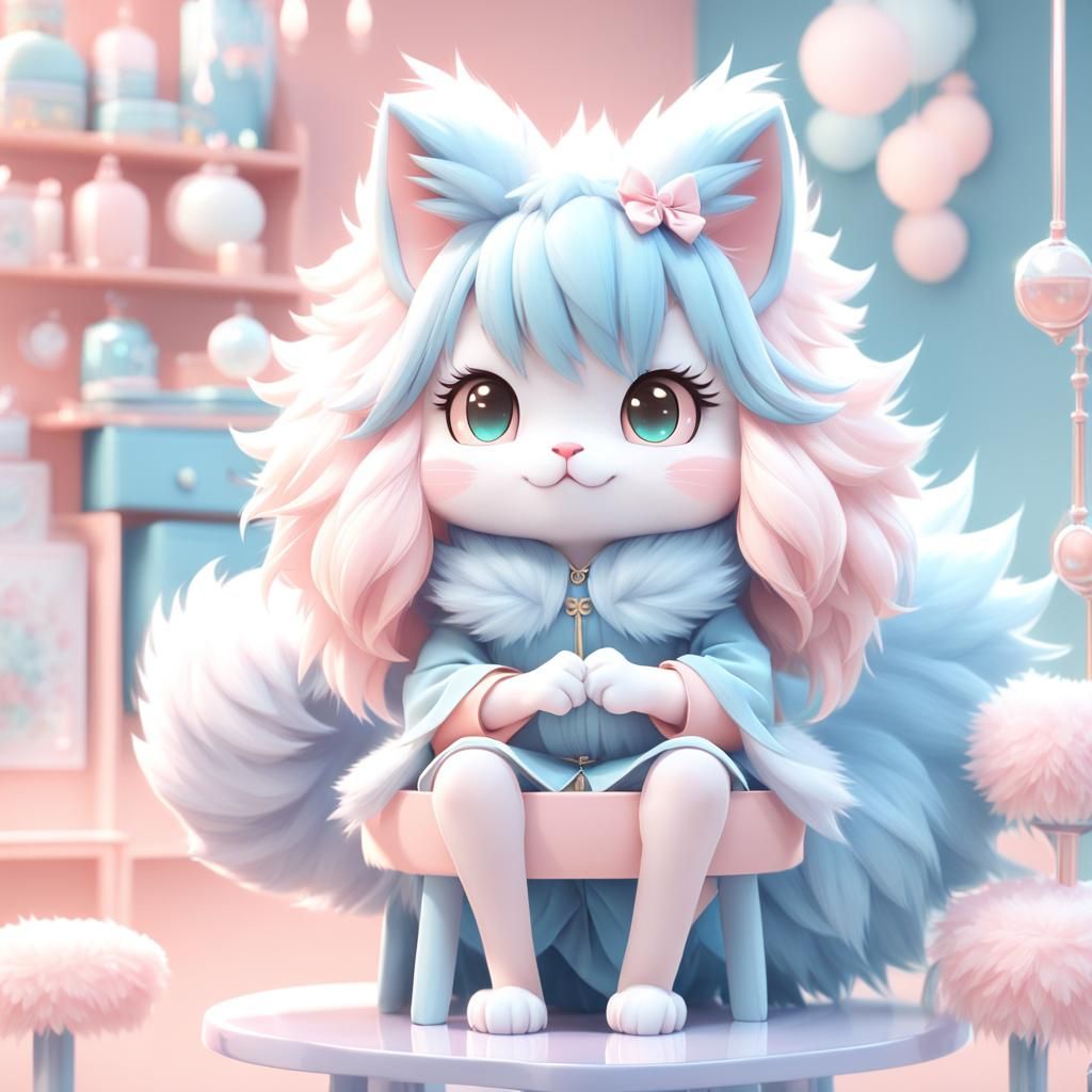 Cute Anime Cat-Girl in Pastel Room: 3D Render