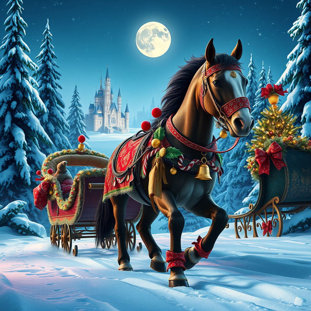 Festive Horse Pulls Sleigh Through Christmas Wonderland