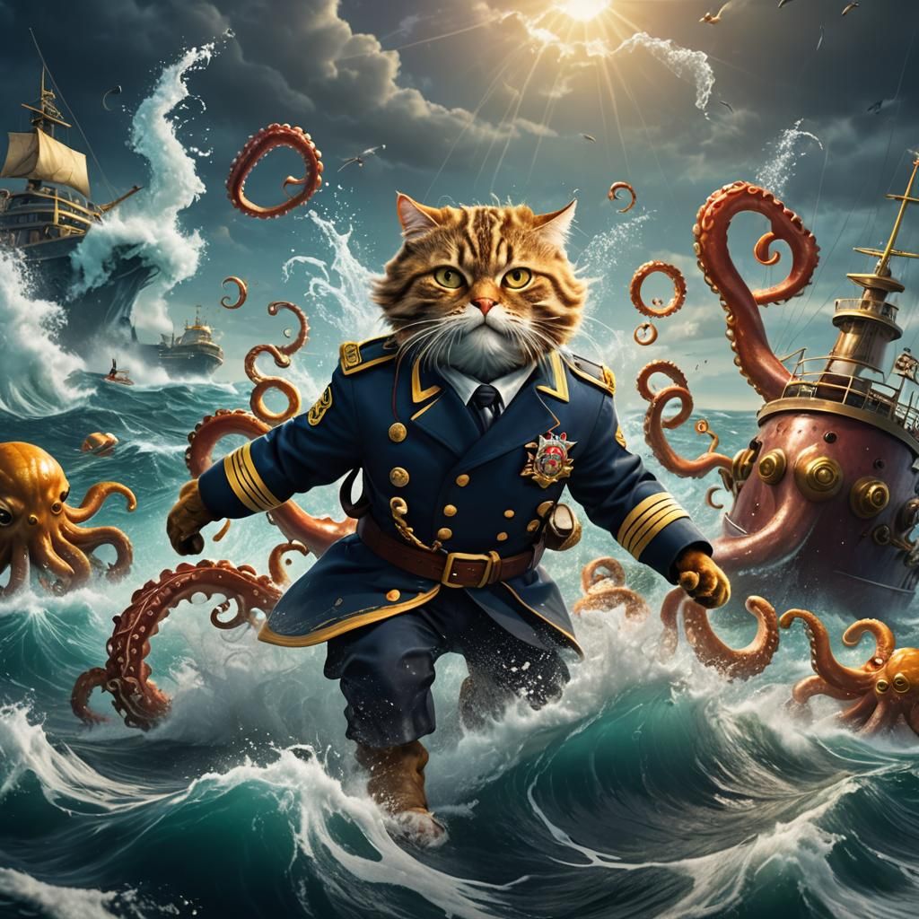 Magical Cat Captain Escapes Giant Octopus in HDR