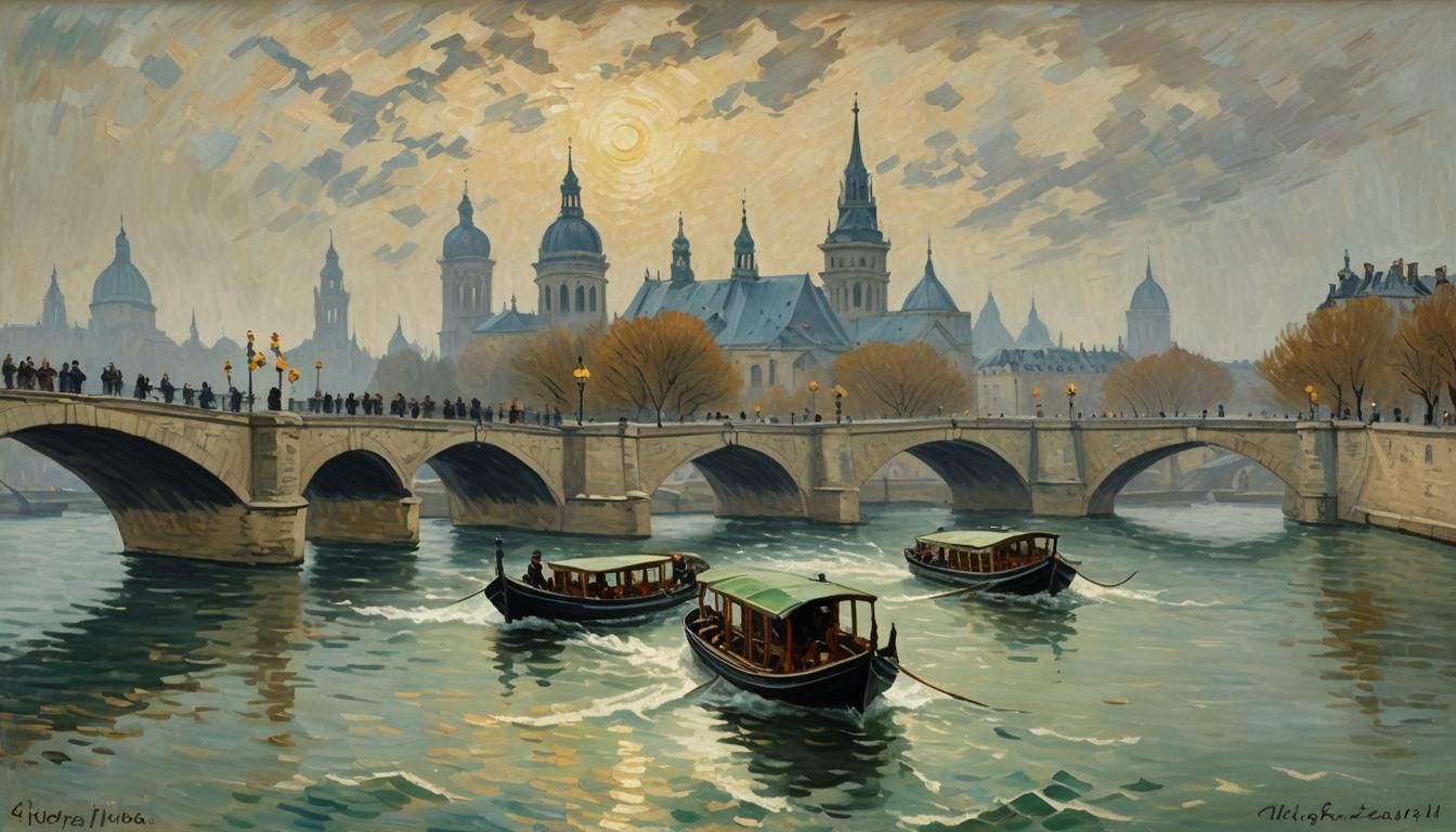 Seine River Cruise in 1890s Paris as Oil Painting