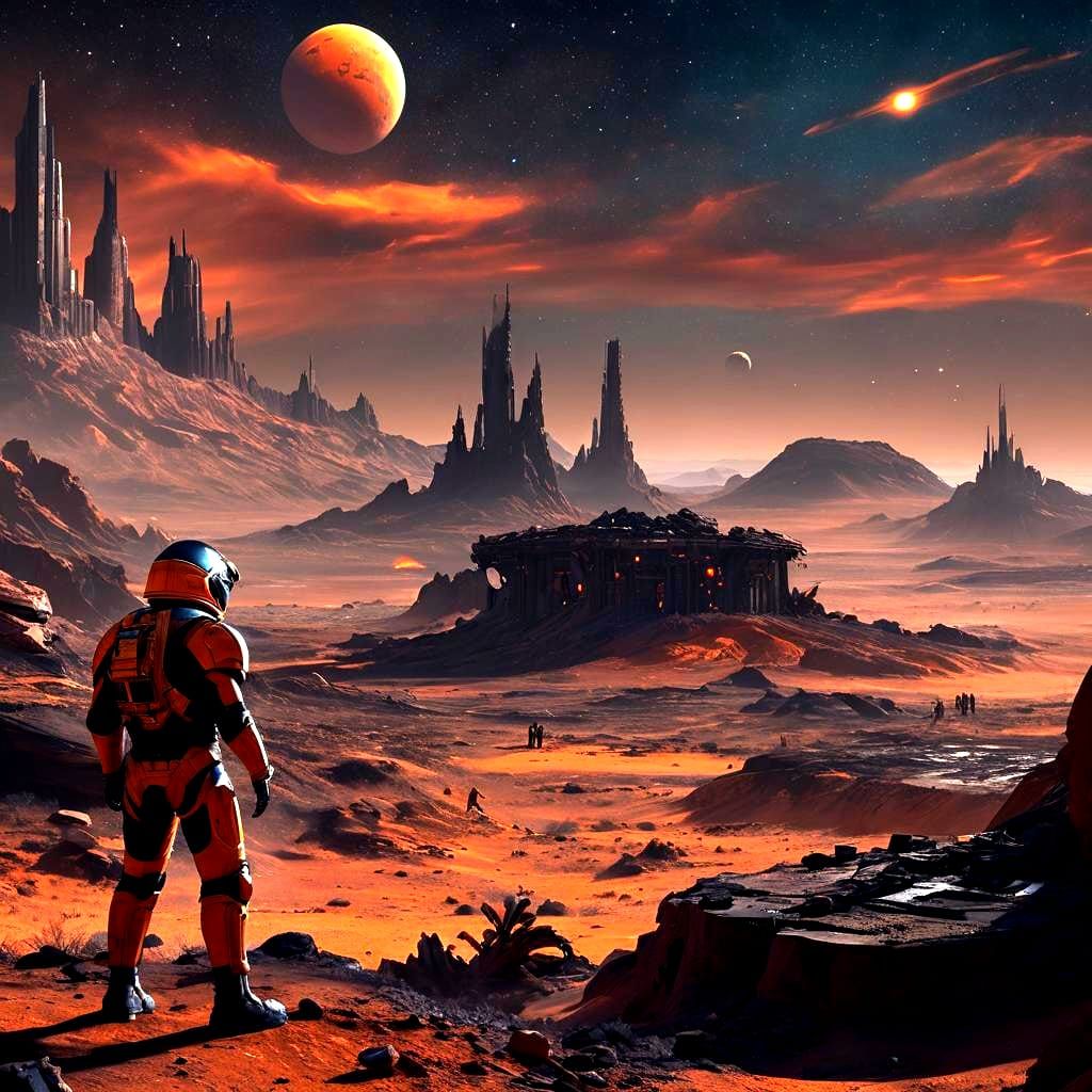 Post-Apocalyptic Mars Landscape with Armored Soldiers