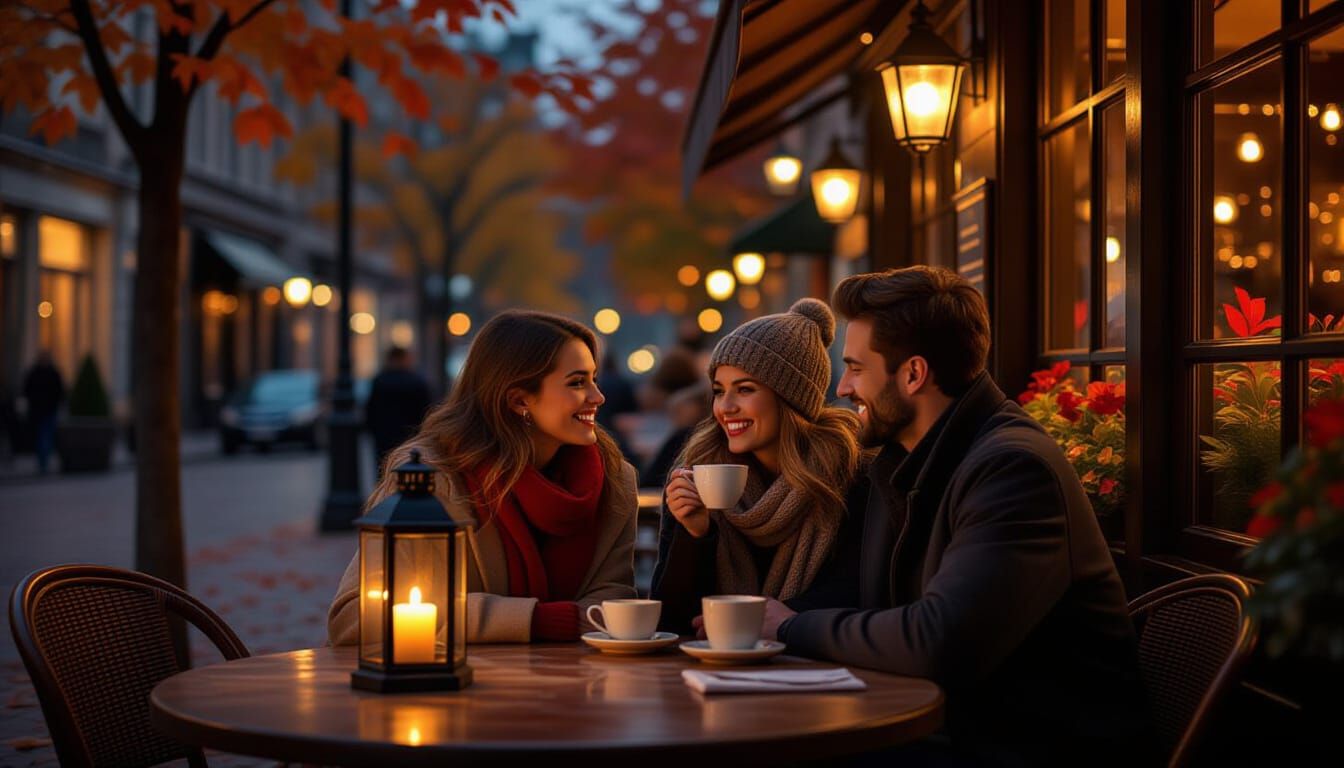 Cozy Autumn Cafe Evening with Couple and Warm Lantern Glow