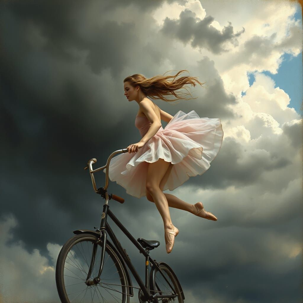 Ballerina Somersaults on Bicycle in Stormy Winds
