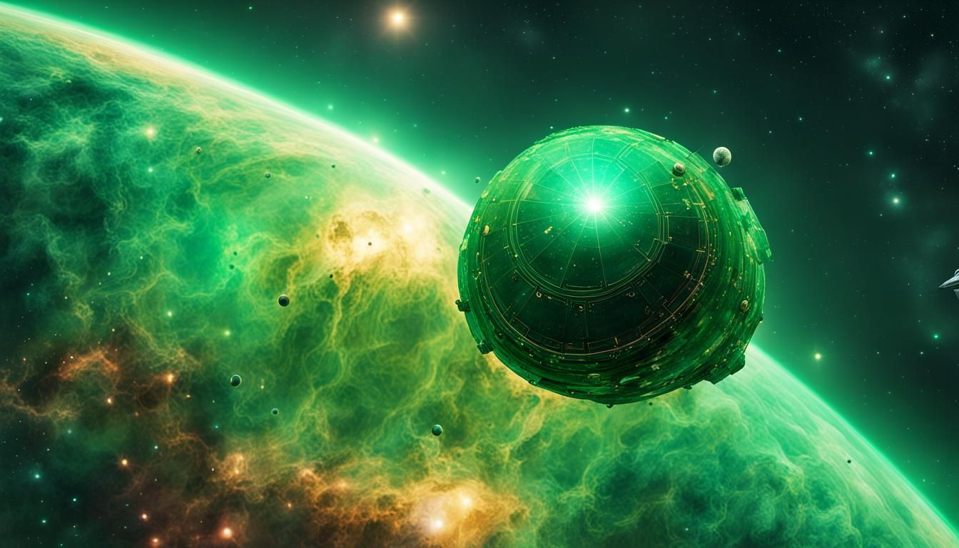 Emerald Spaceship Evades Pursuit in Galaxy