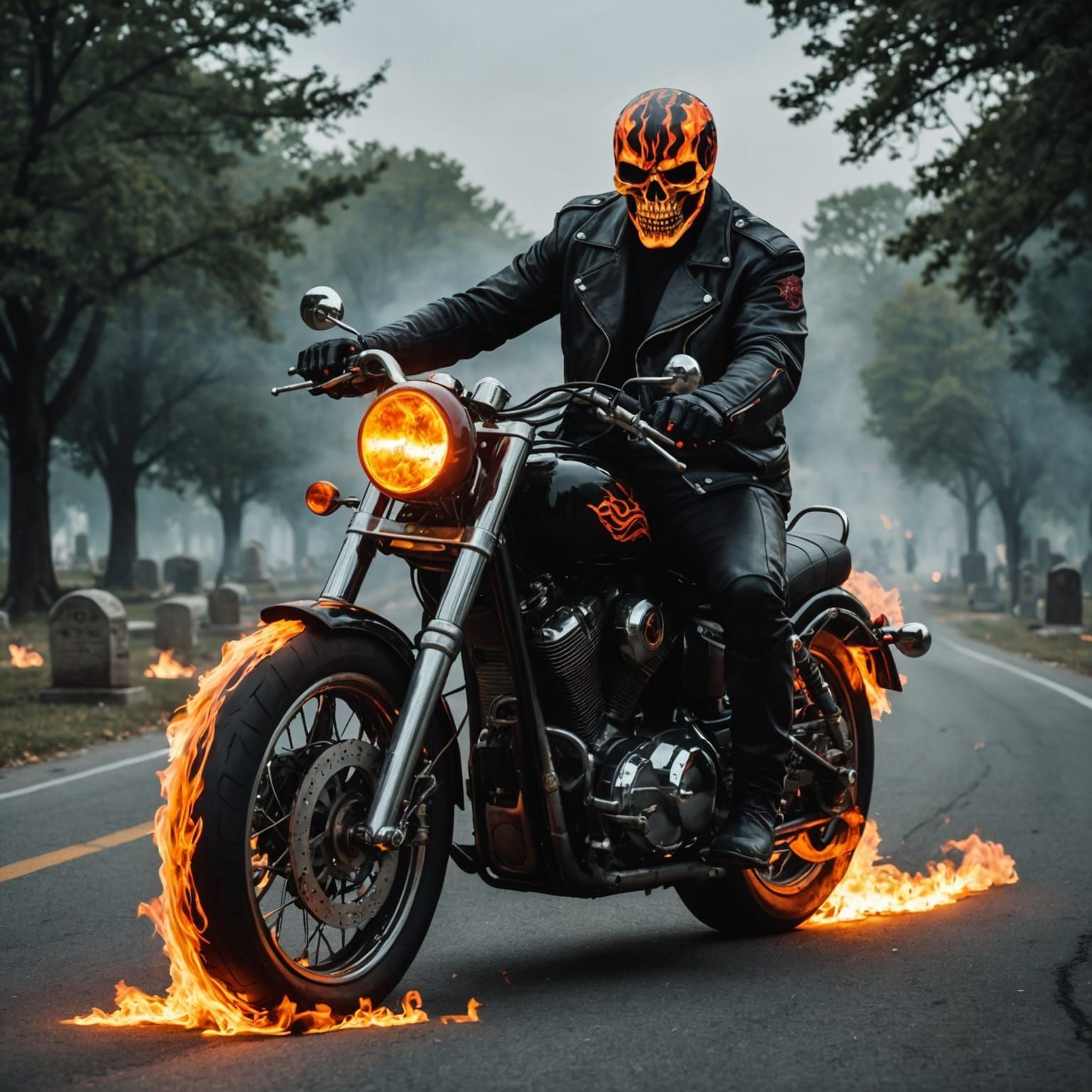 Flaming Ghost Rider Motorcycle Cemetery Art