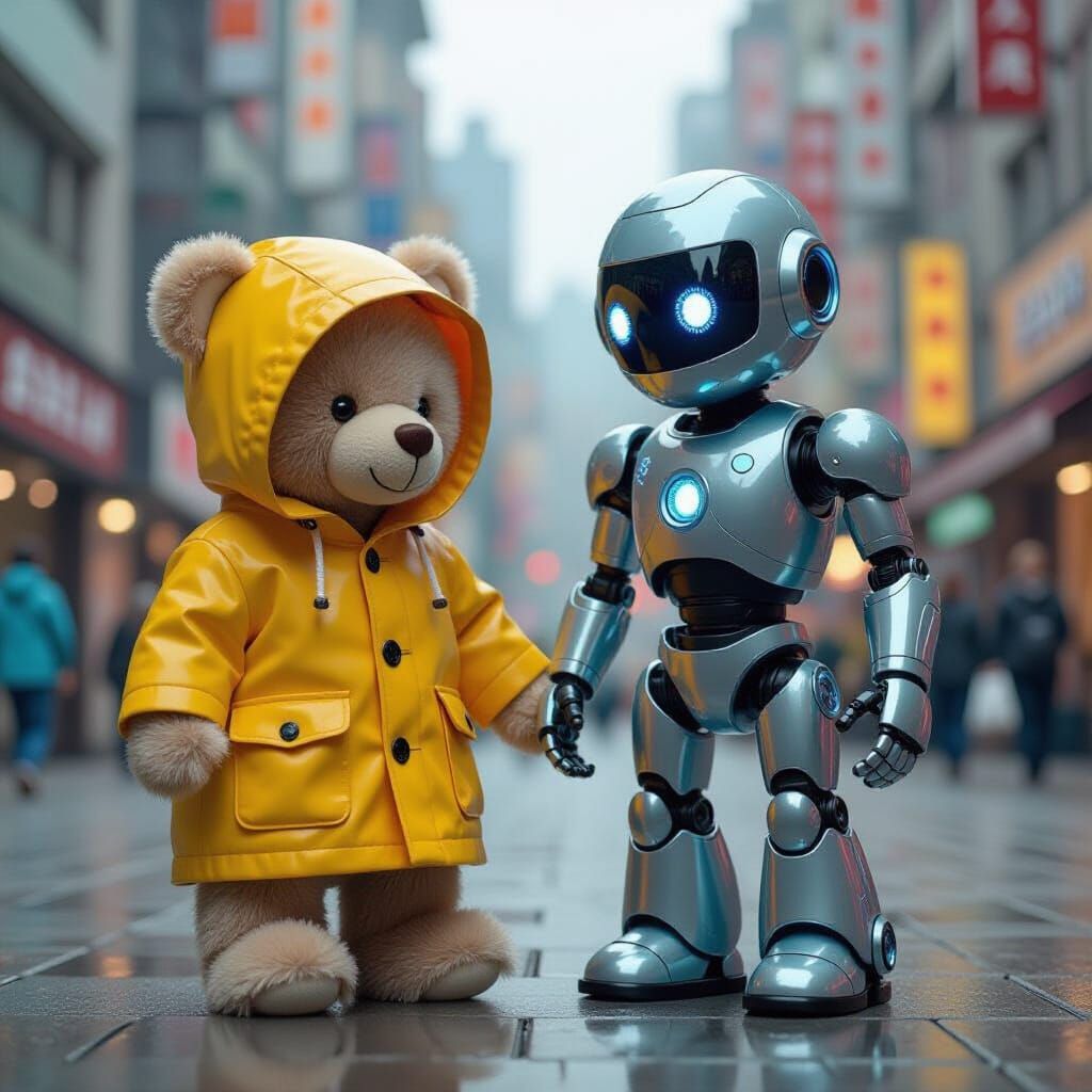 Robot Befriends Teddy Bear in Whimsical City Square