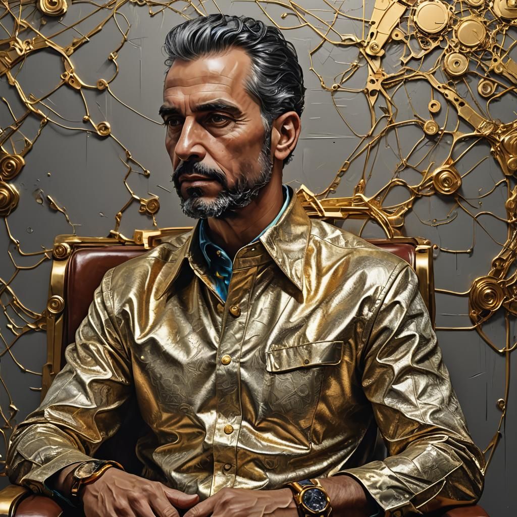 Elderly Man with Gold Chains and Futuristic Motorcycle