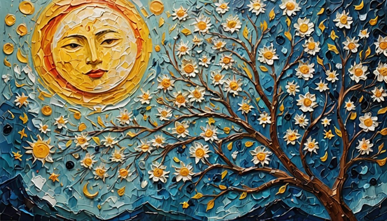 Ethereal Impasto Sun and Moon Painting