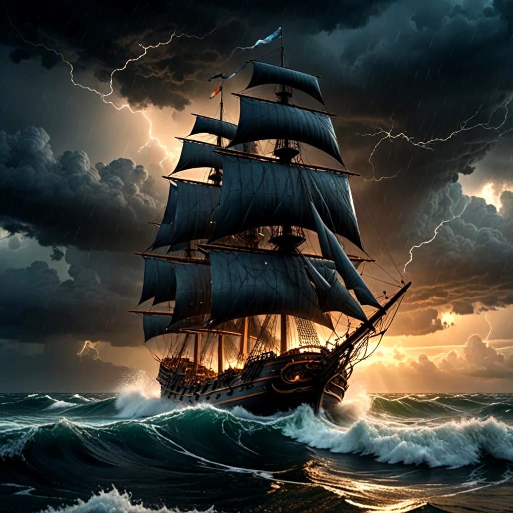Galleon Battles Stormy Seas: Cinematic Masterpiece
