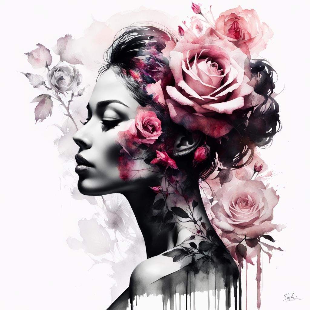 Double Exposure Portrait with Watercolor Roses