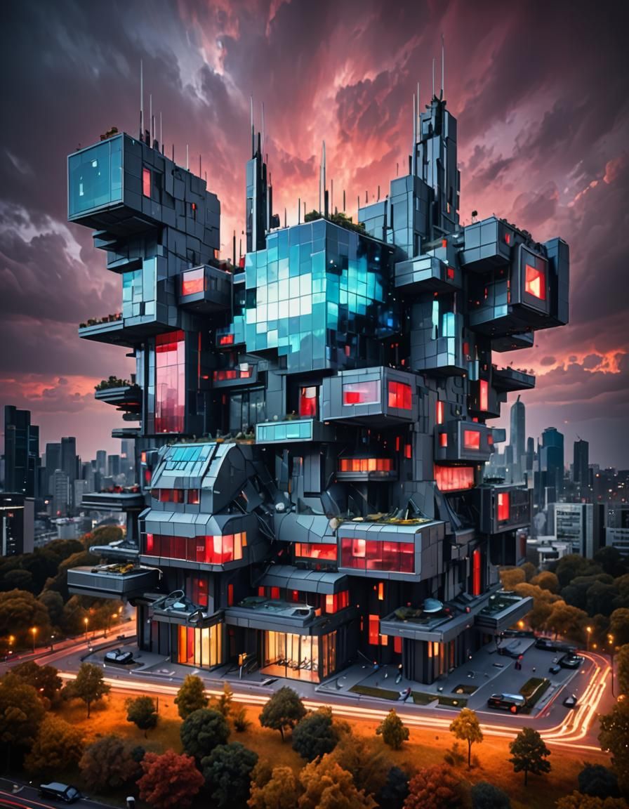 Pixelated Neofuturistic Architecture in Surreal Landscape