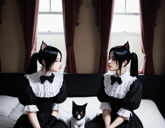 Gothic Kitsune Twins Kissing with Cat