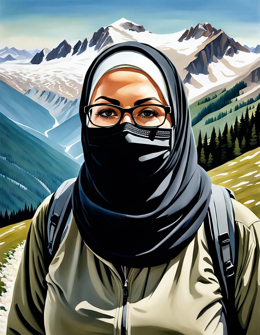 Woman Hikes in Alpine Mountains Wearing Hijab