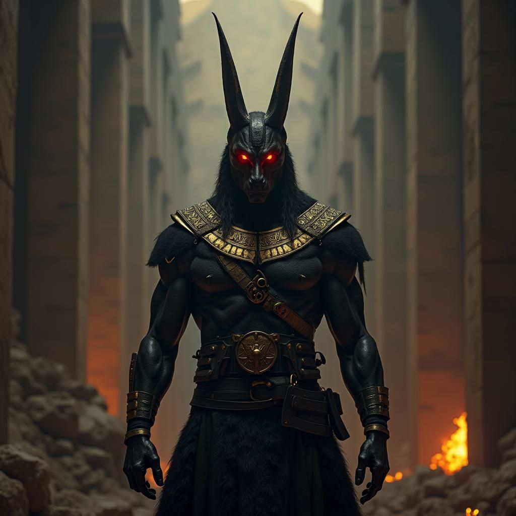 Anubis in Military Uniform with Glowing Red Eyes