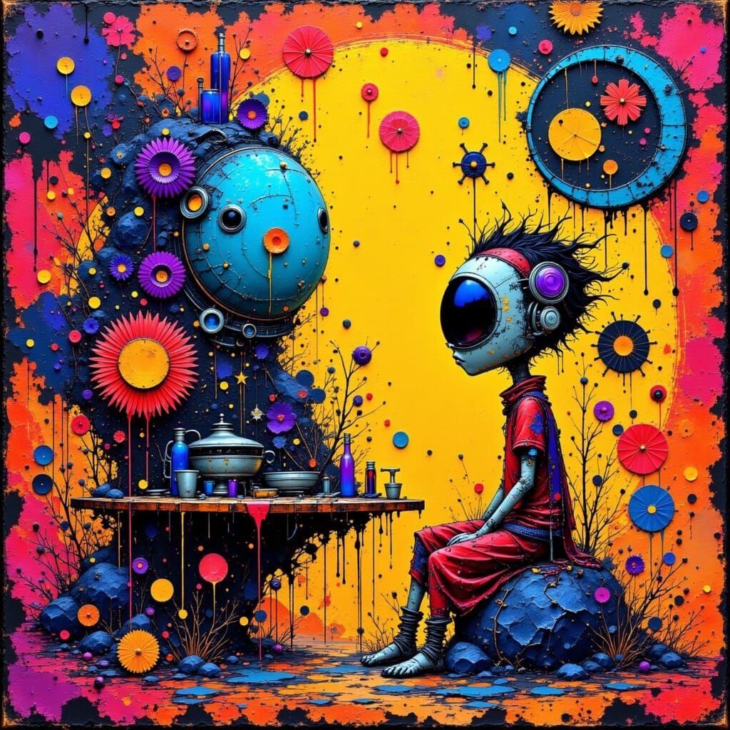 Whimsical Fantasy Scene with Ancient Gold Accents