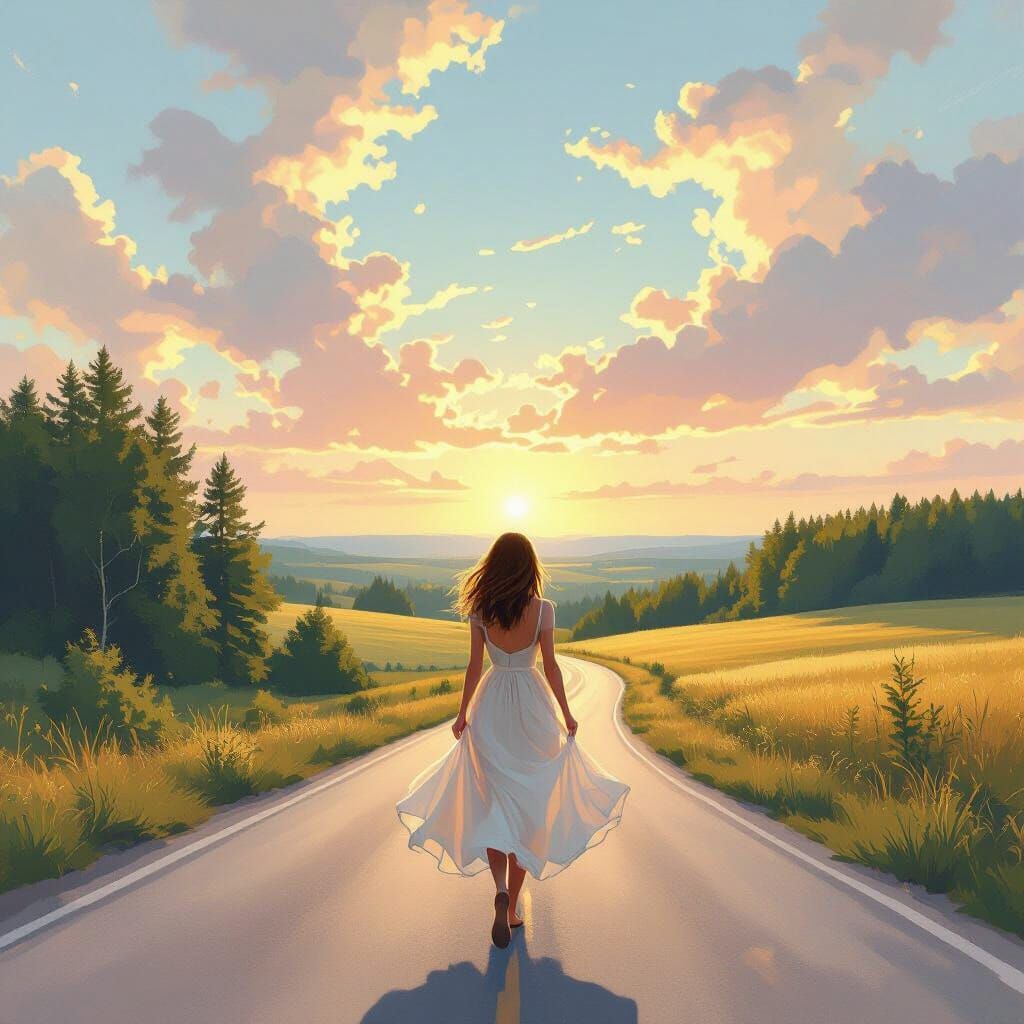 Girl in Dress by Winding Road, Art Nouveau