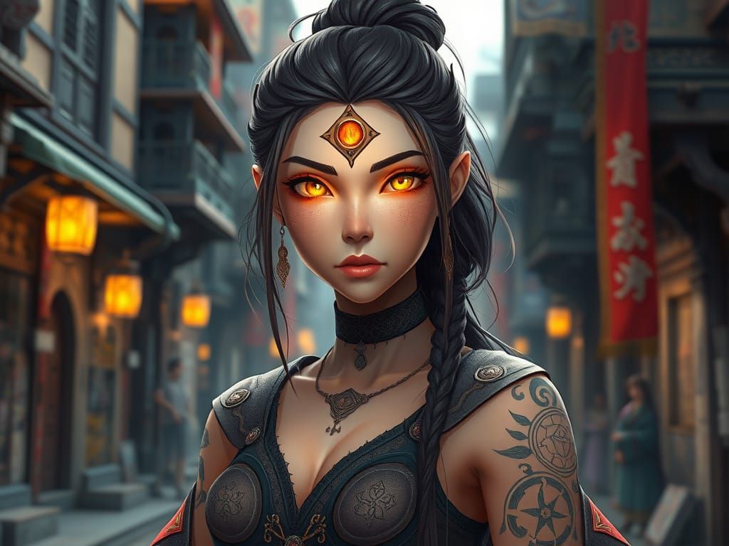 Enigmatic Mystic Goddess in Futuristic Fantasy City