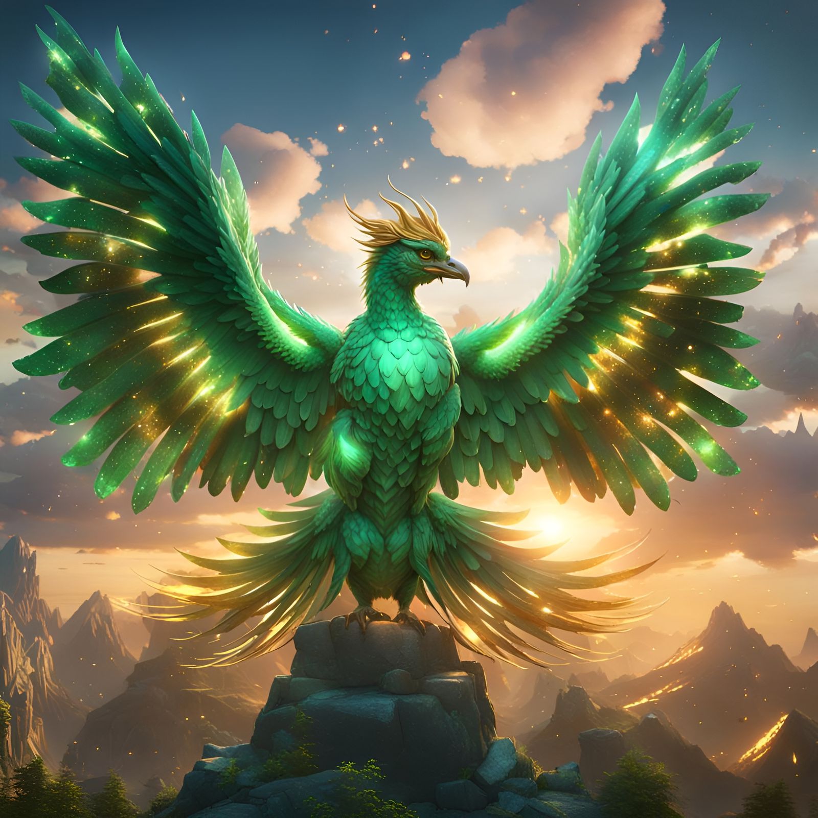Emerald Phoenix Soaring in a Cloudy Sky