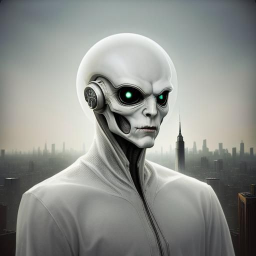 Alien Creature in Dystopian Cityscape: Double Exposure