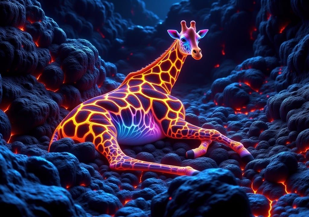 Fluorescent Giraffe on Lava Rock with Glowing Cracks