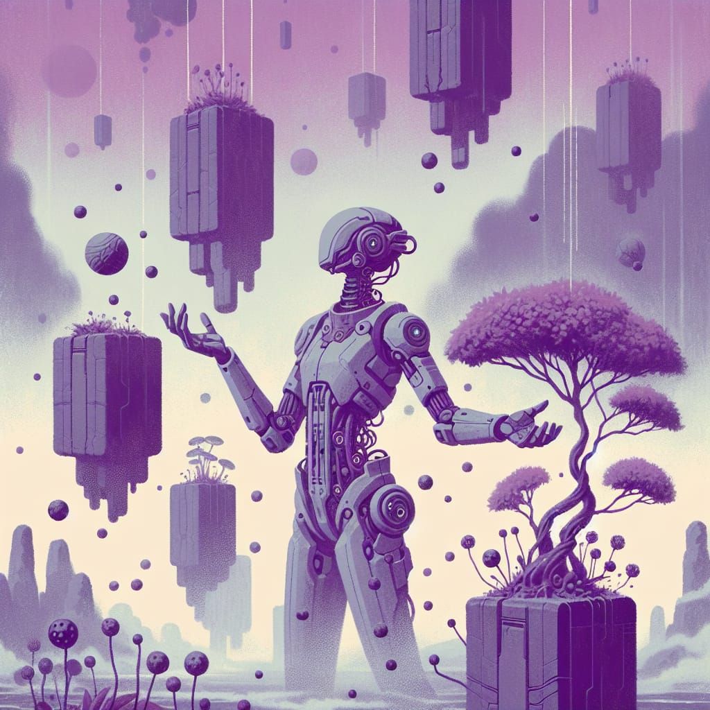 Cybernetic Woman Celebrates on Floating Islands