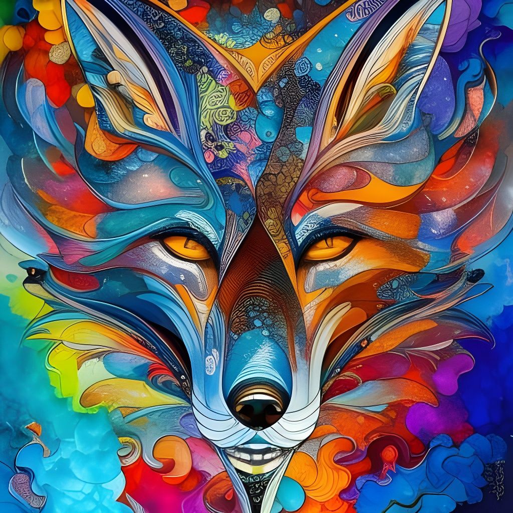 Majestic Fox in Flowing Black Ink Japanese Art