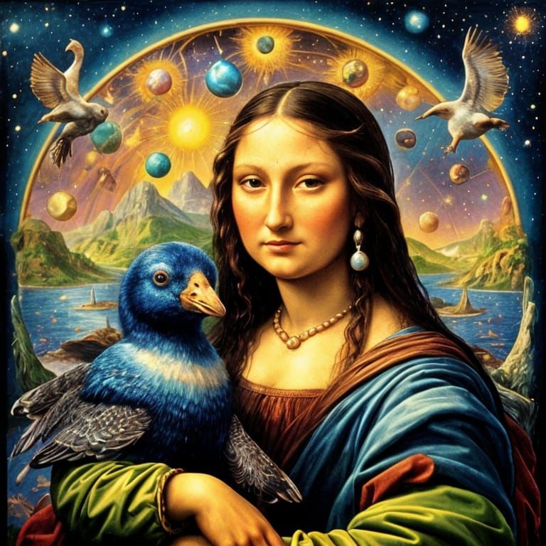 Surreal Mona Lisa with Alien Landscape and Goose
