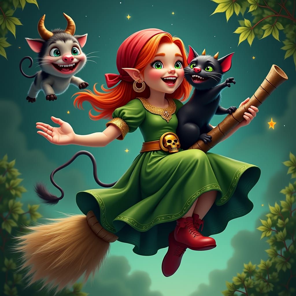 Whimsical Ukrainian Witch Flying with Devilish Friend