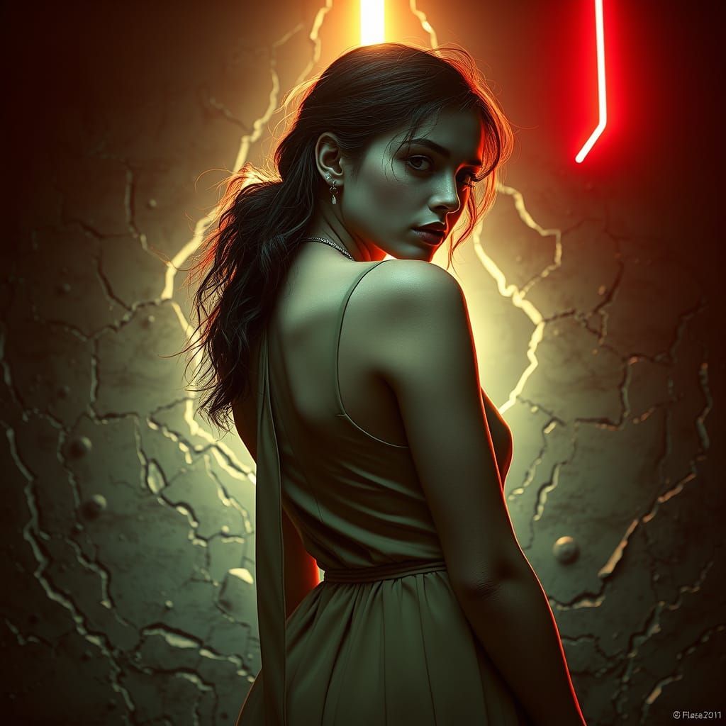 Woman Frozen in Dynamic Action, Neon Glow