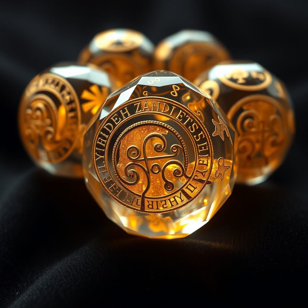Crystal Beads Etched with Golden Runes in Photorealistic Sty...
