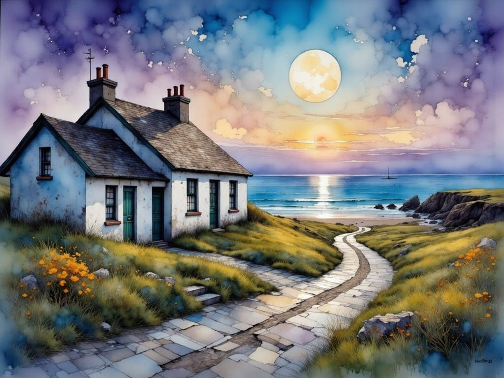 Impressionist Cottage Scene Under Full Moon