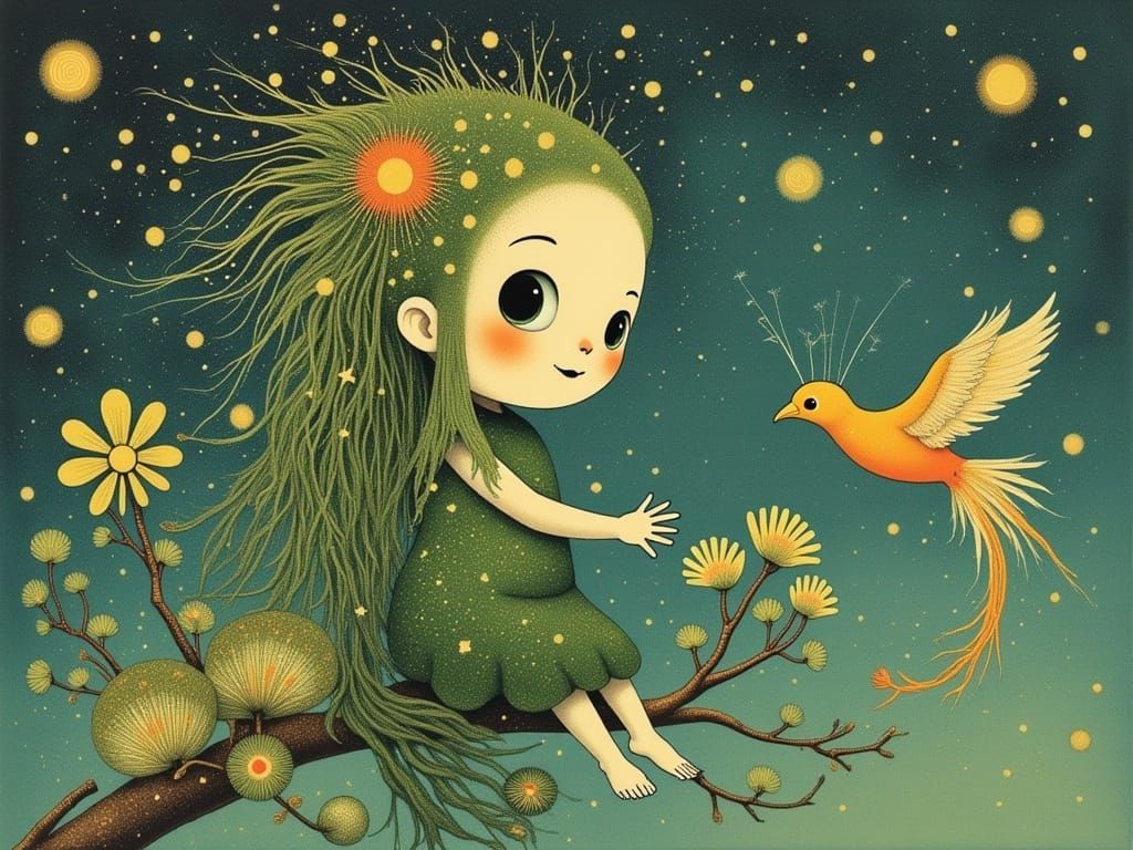 Chibi Green Witch with Starry Wings and Fiery Phoenix