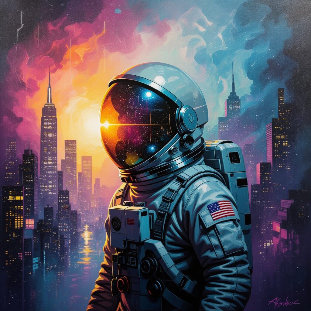 Astronaut in Nebula Reflects Cityscape, Banksy Street Art St...