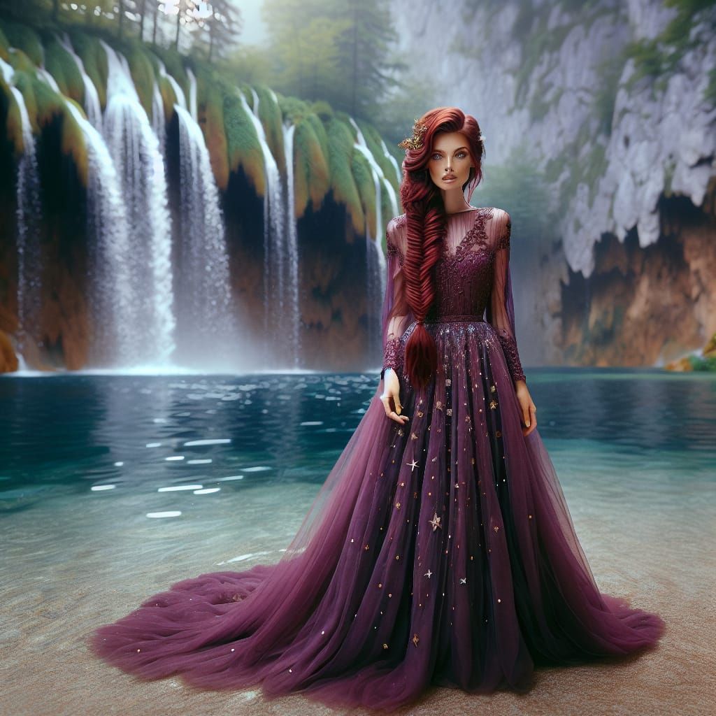Ethereal Goddess in Fishtail Braid, Torn Purple Gown, Amidst...