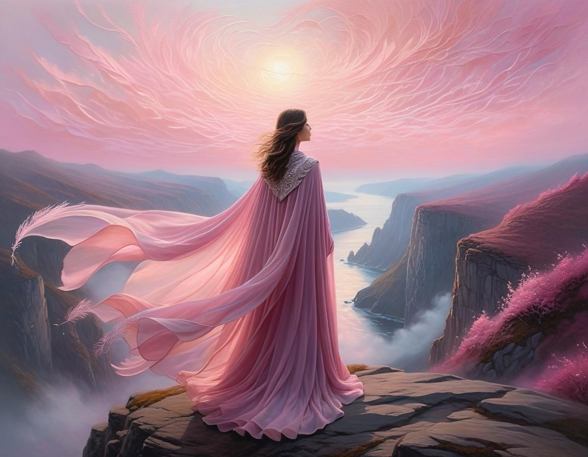 Woman in Pink Cloak on Misty Cliff in Ethereal Style