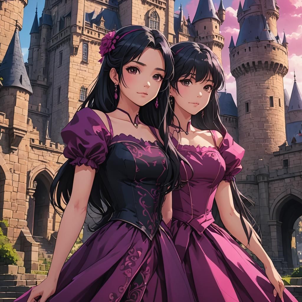 Magenta Gown Anime Girl Before Castle