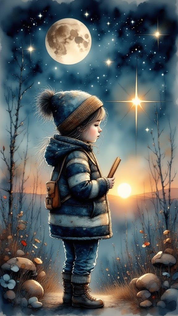 Charming Starry Night Postage Stamp With Child