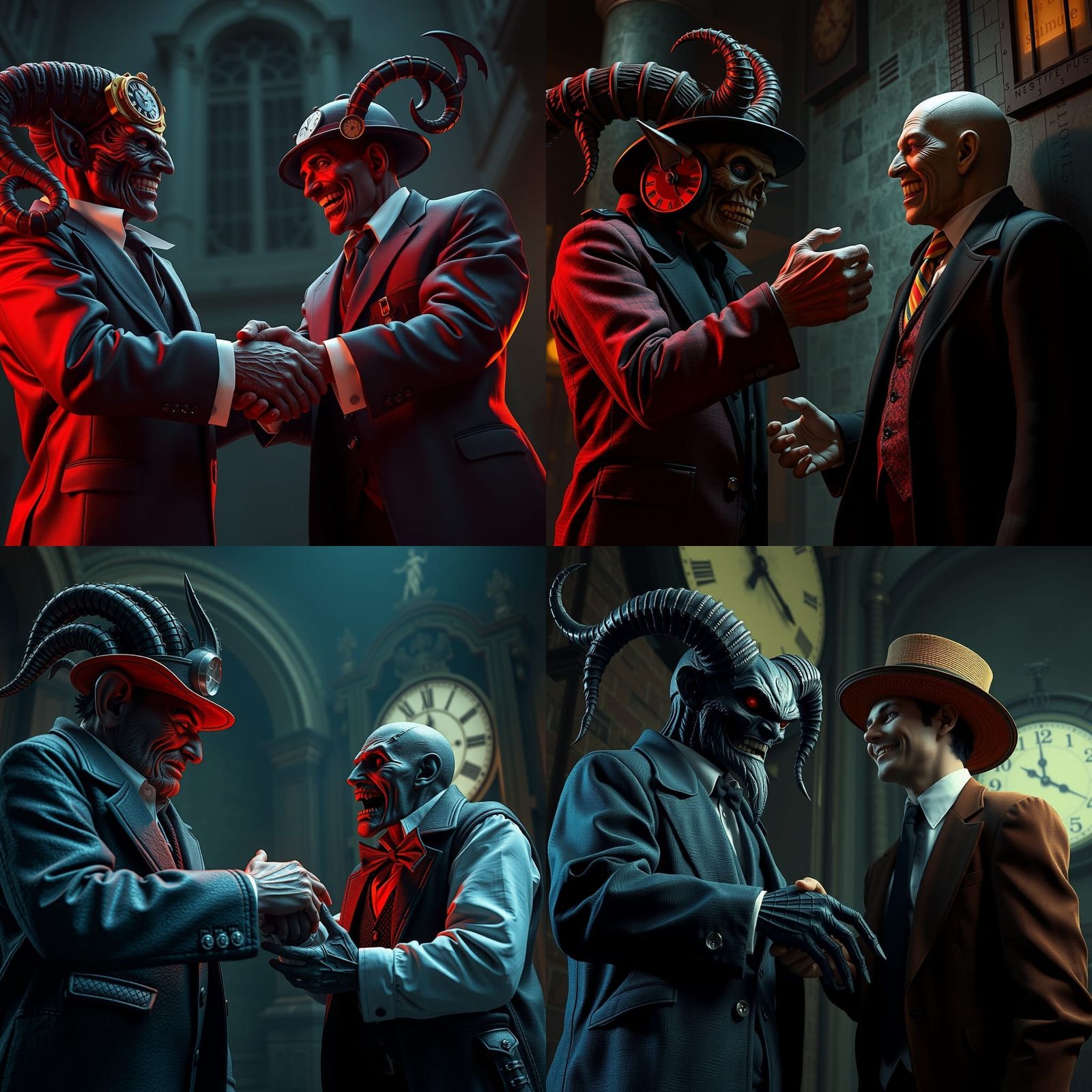 Clockpunk Deal made hand shake closed sold American; Satan (smirking:1.5) man (laughing:1.3) aloud, for his soul rotted ...