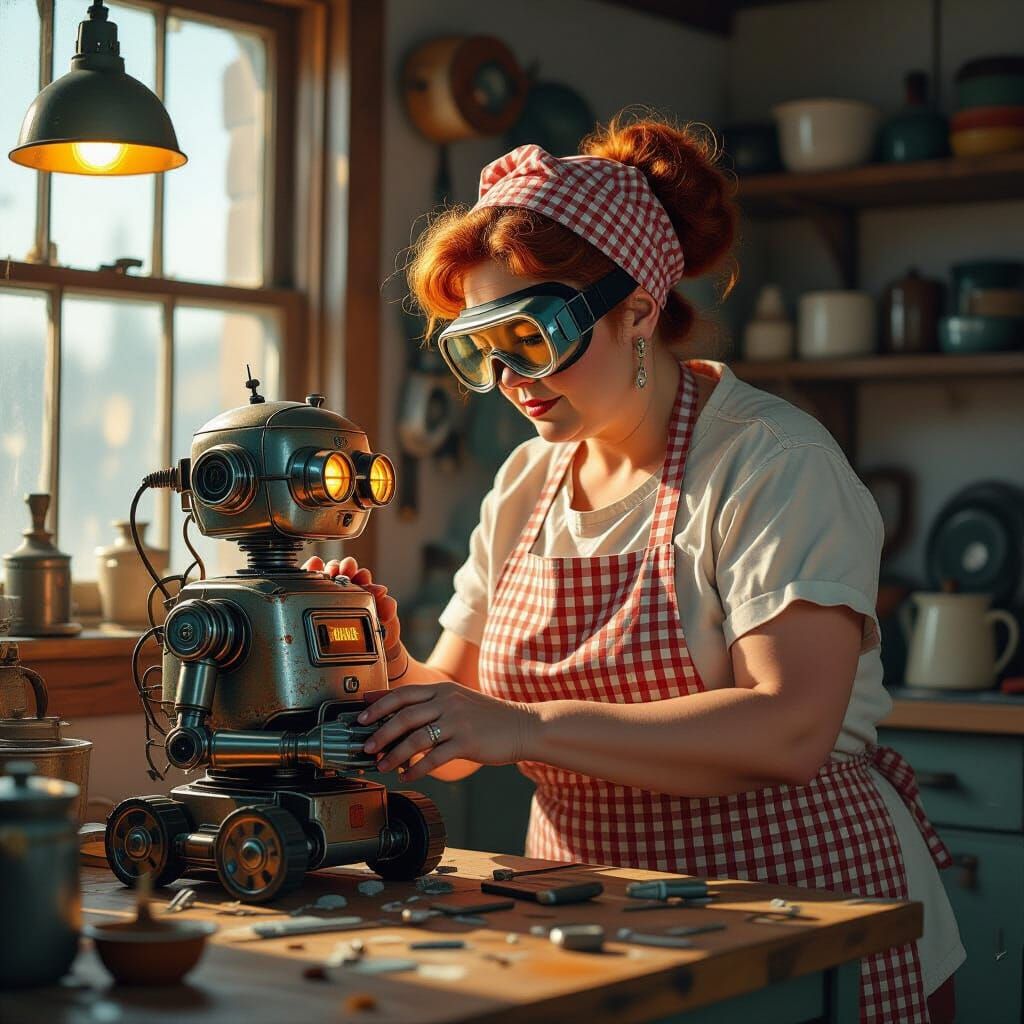Woman Repairs Rusty Robot in Retro-Futuristic Workshop