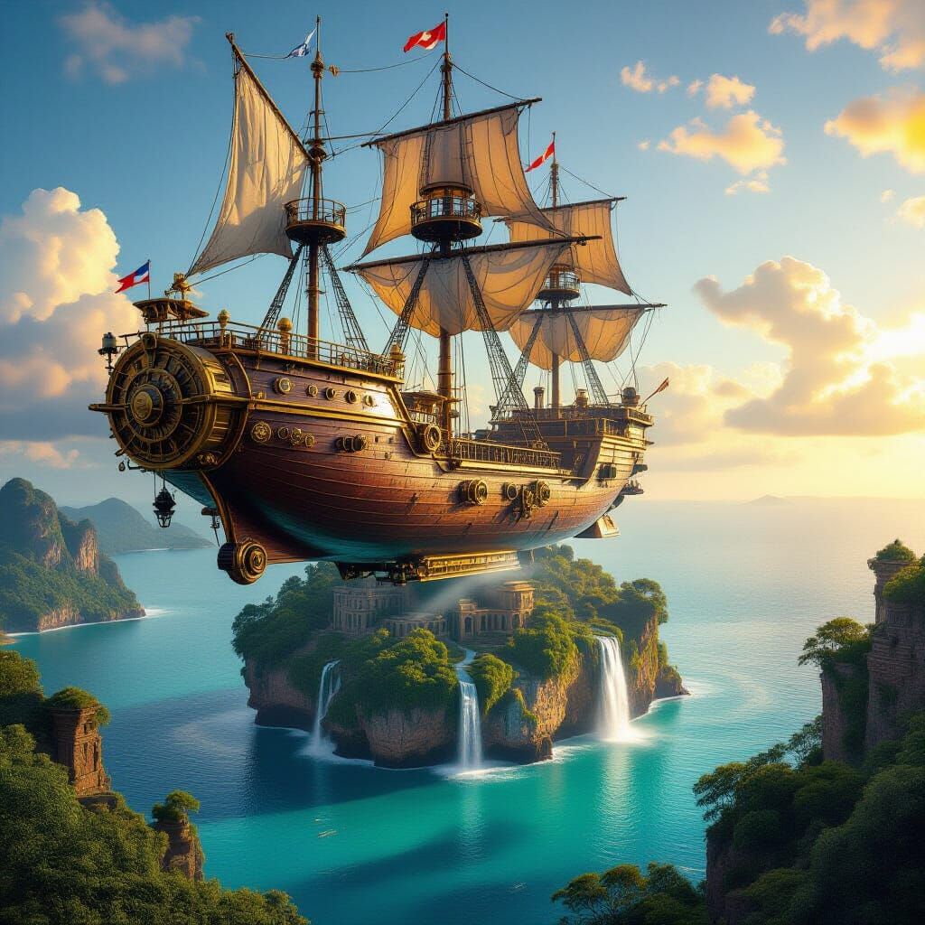 Steampunk Airship Approaches Floating Island at Golden Hour