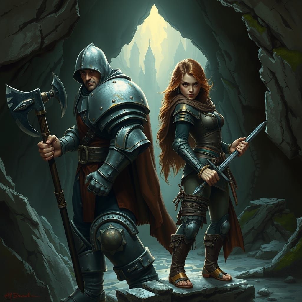 Fighter and Rogue Await Battle in Dark Cave