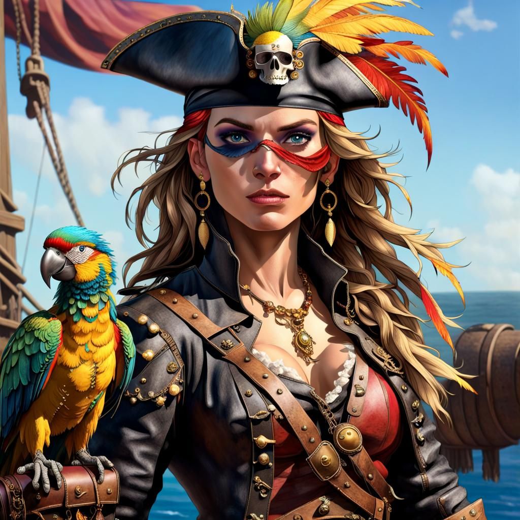 Fierce Female Pirate with Parrot on the High Seas