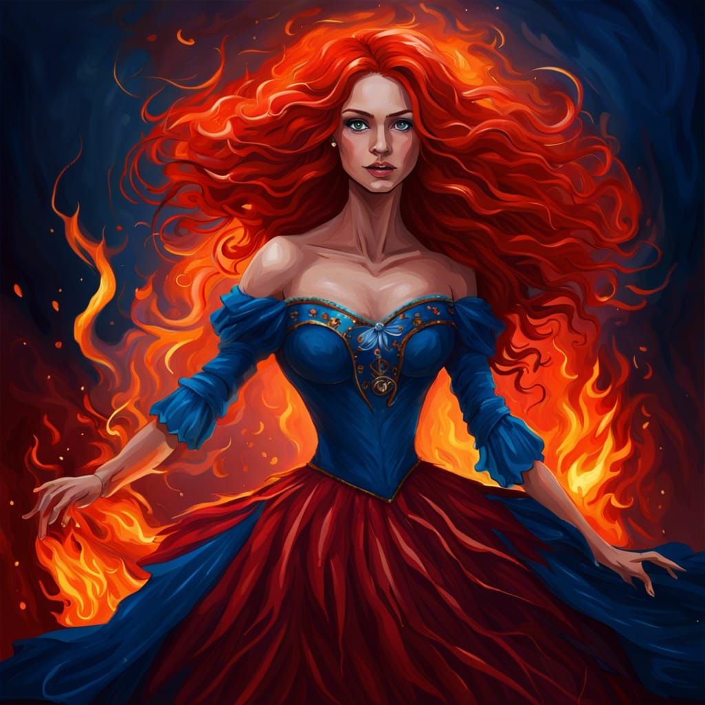 Fiery Queen with Flowing Red Hair and Blue Dress