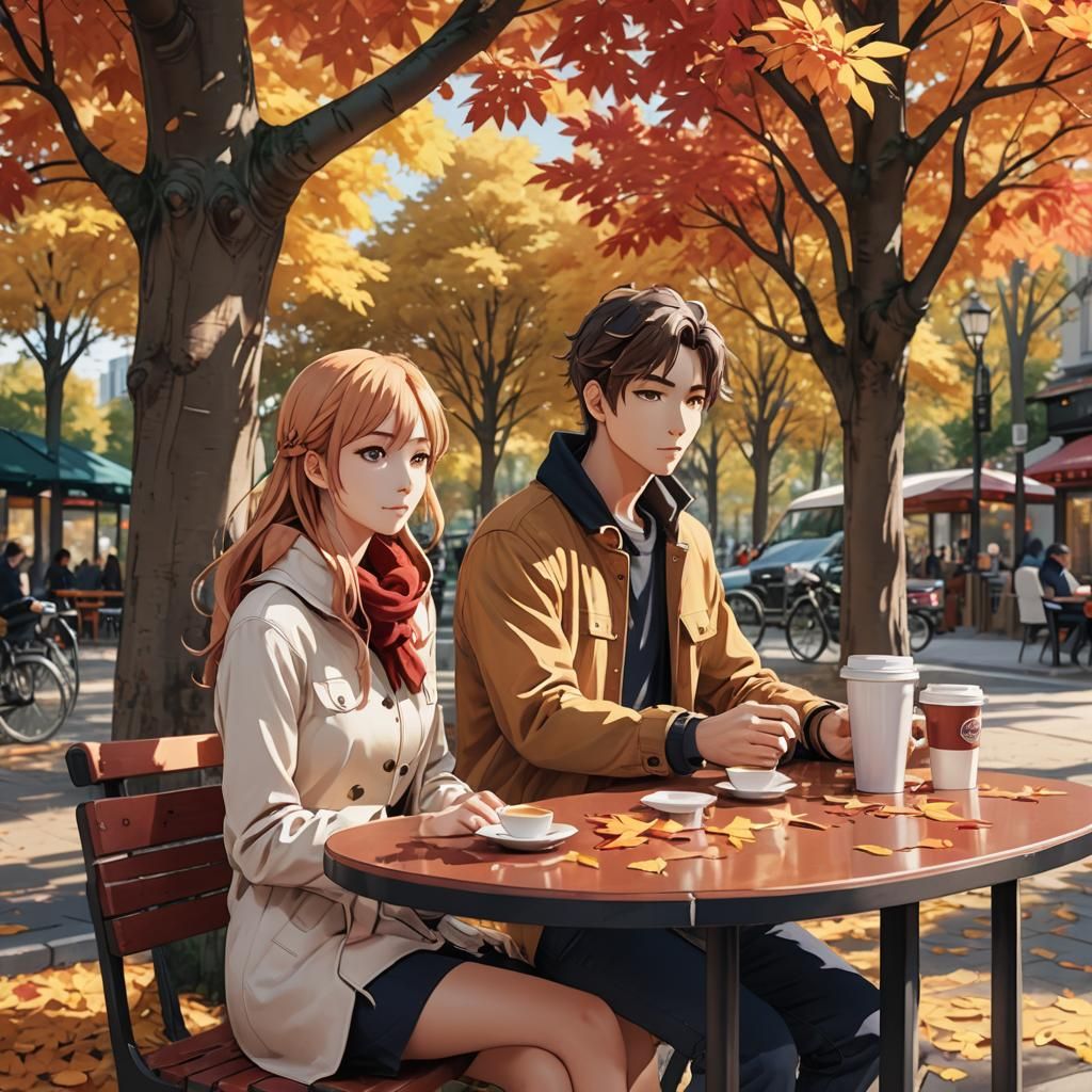 Anime Couple in Autumn Breeze: Cel-Shaded Digital Art