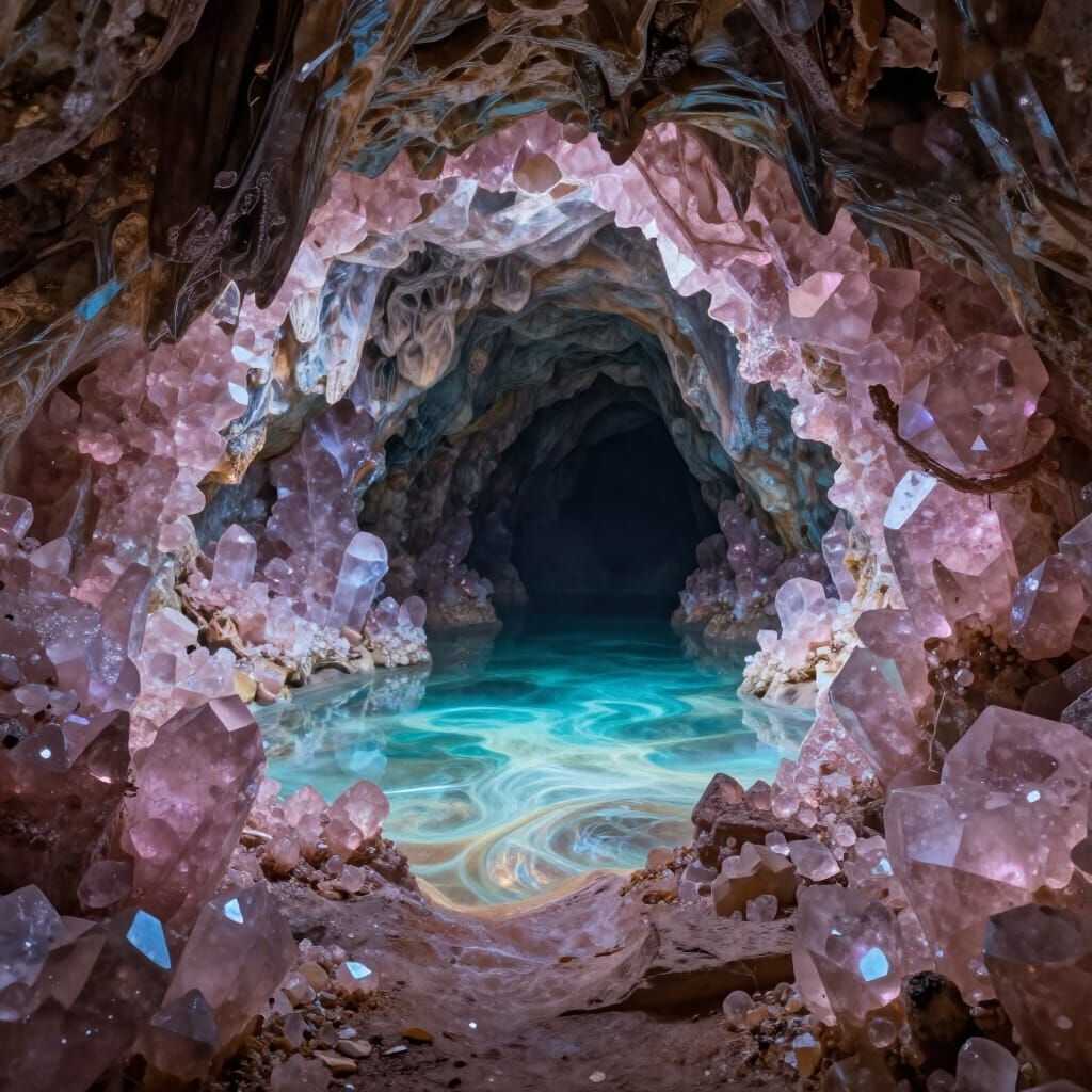 Crystal Cave Entrance With Glowing Underground Lake