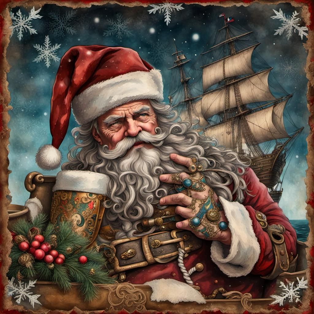 Tattooed Pirate Santa on Antique Christmas Ship