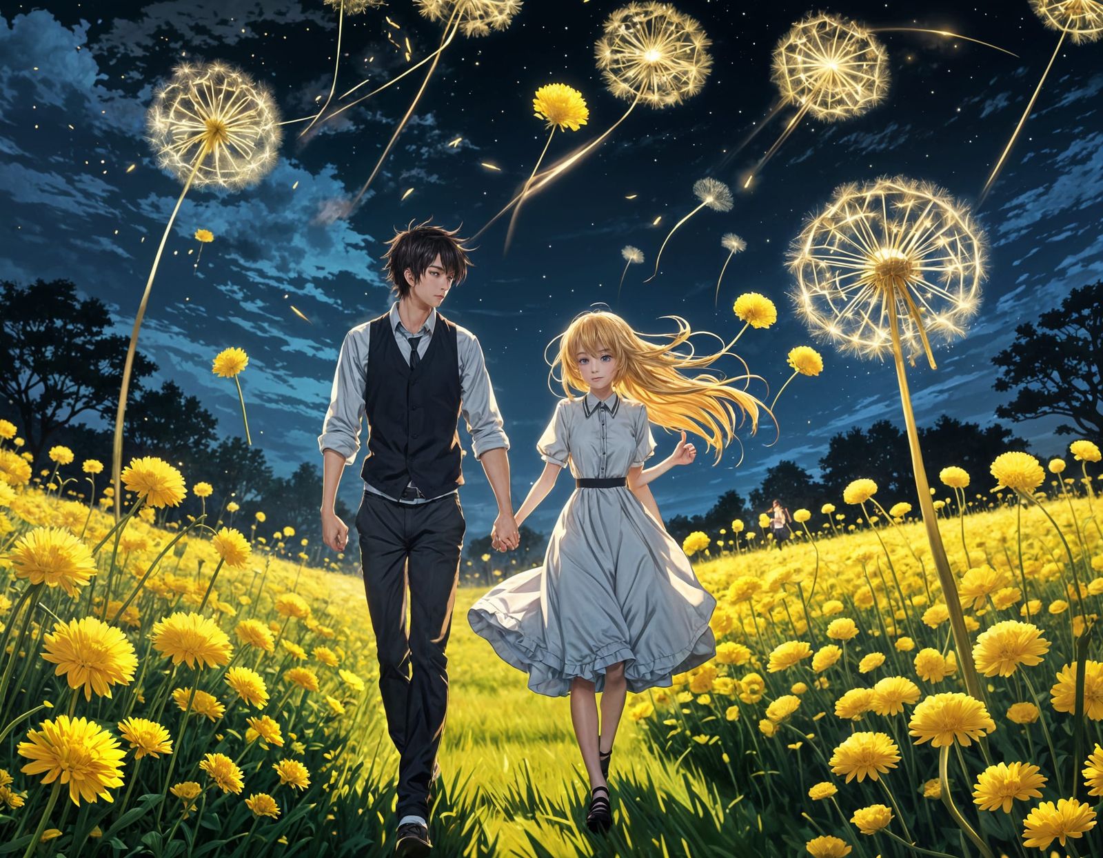 Anime Couple Running Through Dandelions at Night